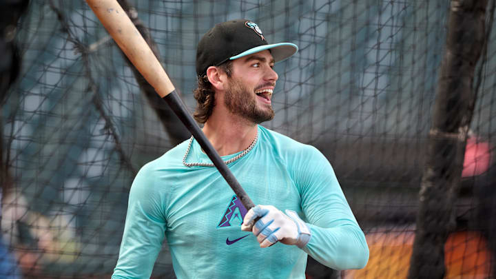 Sep 9, 2025; San Francisco, California, USA; Arizona Diamondbacks infielder Blaze Alexander (9) reacts during batting practice before the game against the San Francisco Giants at Oracle Park. Mandatory Credit: Robert Edwards-Imagn Images