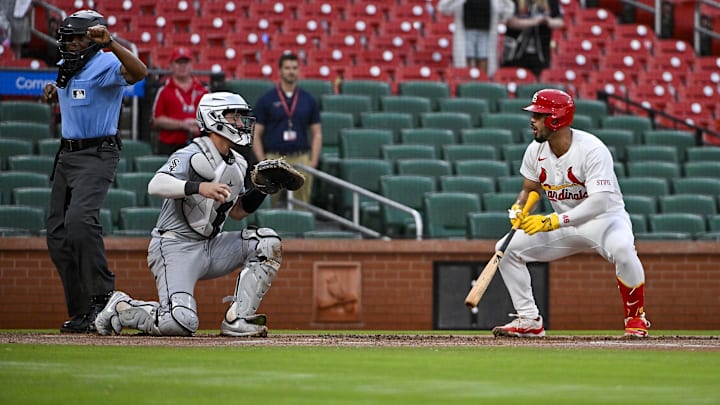 May 4, 2024; St. Louis, Missouri, USA;  St. Louis Cardinals pinch hitter Ivan Herrera (48) reacts as