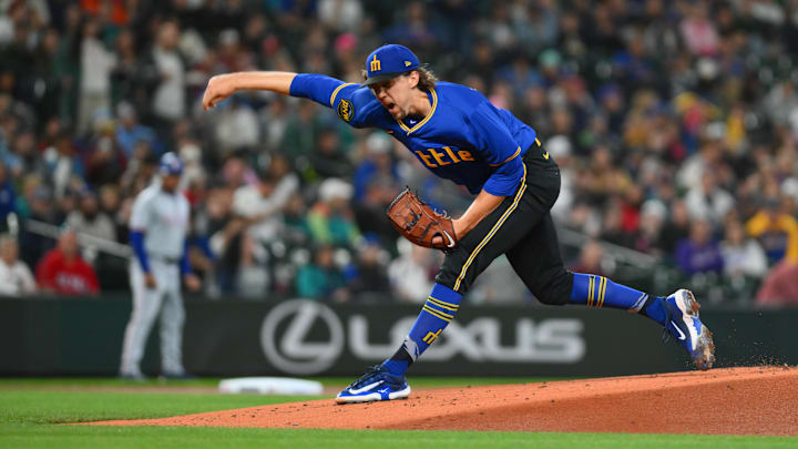Seattle Mariners starting pitcher Logan Gilbert throws during a game against the Texas Rangers on Sept. 14 at T-Mobile Park. Seattle Mariners starting pitcher Logan Gilbert throws during a game against the Texas Rangers on Sept. 14 at T-Mobile Park.