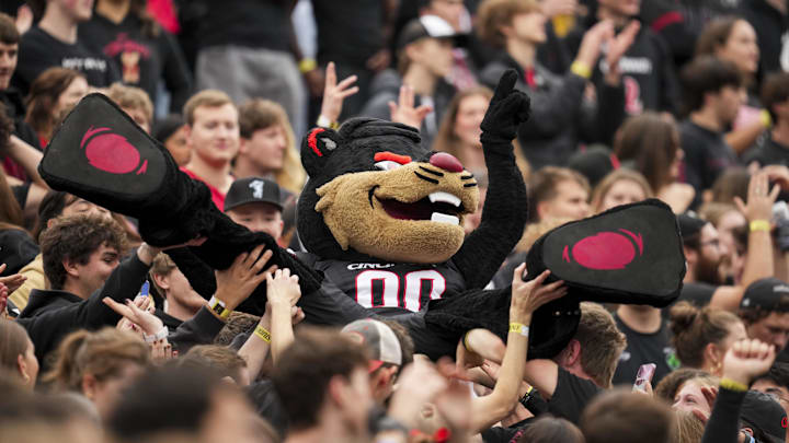 Nov 15, 2025; Cincinnati, Ohio, USA;  The Cincinnati mascot the Bearcat celebrates with fans after a touchdown during the game between the Arizona Wildcats and the Cincinnati Bearcats in the first half at Nippert Stadium. Mandatory Credit: Aaron Doster-Imagn Images
