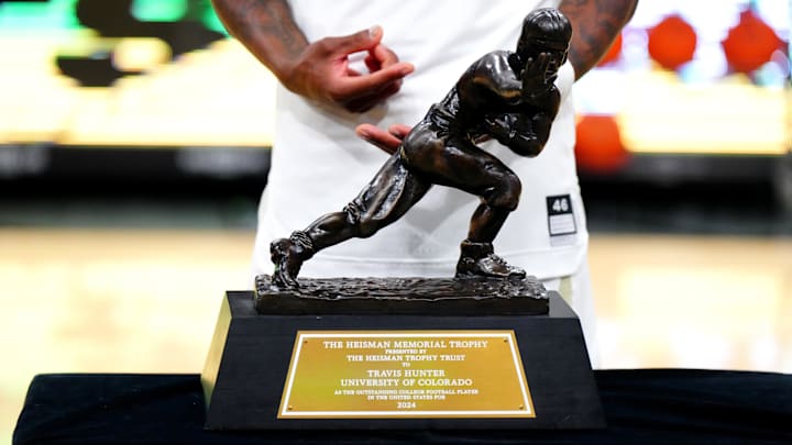 Detailed view of the 2024 Heisman trophy won by Travis Hunter 