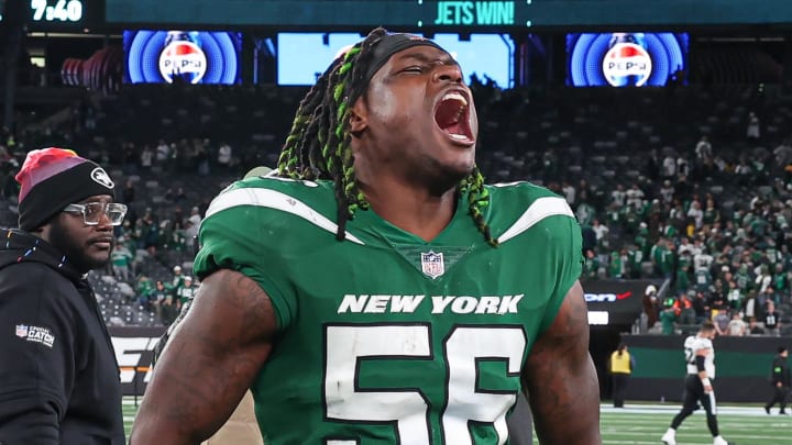 Oct 15, 2023; East Rutherford, New Jersey, USA; New York Jets linebacker Quincy Williams (56) on the field after defeating the Philadelphia Eagles at MetLife Stadium.