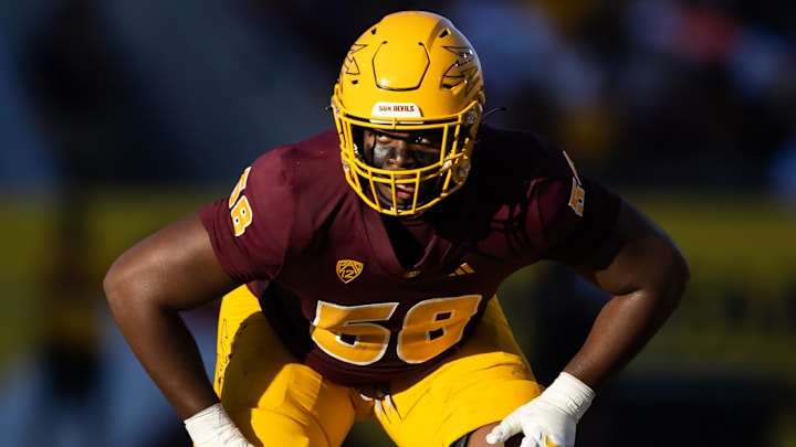Oct 7, 2023; Tempe, Arizona, USA; Arizona State Sun Devils offensive lineman Max Iheanachor (58) against the Colorado Buffaloes at Mountain America Stadium. Mandatory Credit: Mark J. Rebilas-Imagn Images