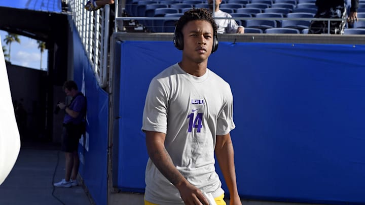 Sep 3, 2023; Orlando, Florida, USA; LSU Tigers wide receiver Jalen Brown (14) before the game