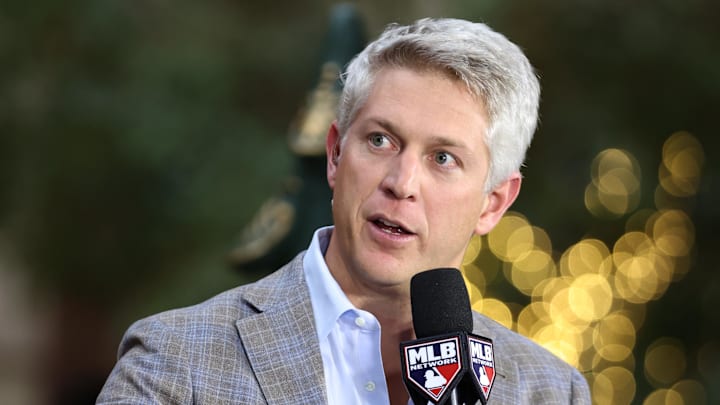 Dec 10, 2024; Dallas, TX, USA; Baltimore Orioles executive vice president and general manager Mike Elias talks on the set of MLB Network at the Hilton Anatole during the 2024 MLB Winter Meetings. Mandatory Credit: Tim Heitman-Imagn Images Dec 10, 2024; Dallas, TX, USA; Baltimore Orioles executive vice president and general manager Mike Elias talks on the set of MLB Network at the Hilton Anatole during the 2024 MLB Winter Meetings. Mandatory Credit: Tim Heitman-Imagn Images