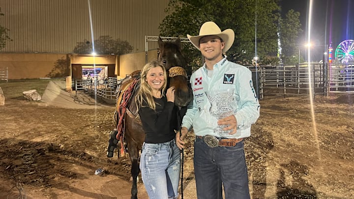 Kincade with fiance Kalli and equine talent, Mario Kincade with fiance Kalli and equine talent, Mario