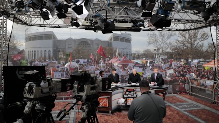 From left, Desmond Howard, Rece Davis, Lee Corso and Kirk Herbstreit broadcast live from the set of ESPN's College Gameday.
