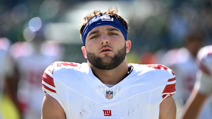 Oct 26, 2025; Philadelphia, Pennsylvania, USA; New York Giants running back Cam Skattebo (44) against the Philadelphia Eagles at Lincoln Financial Field.