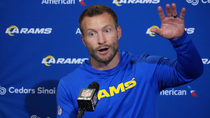 Oct 19, 2025; London, United Kingdom; Los Angeles Rams head coach Sean McVay at a press conference after a NFL International Series game against the Jacksonville Jaguars at Wembley Stadium. Mandatory Credit: Kirby Lee-Imagn Images
