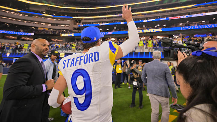 Nov 23, 2025; Inglewood, California, USA; Los Angeles Rams quarterback Matthew Stafford (9) acknowledges the crowd and walks off the field after the game against the Tampa Bay Buccaneers at SoFi Stadium. Mandatory Credit: Jayne Kamin-Oncea-Imagn Images