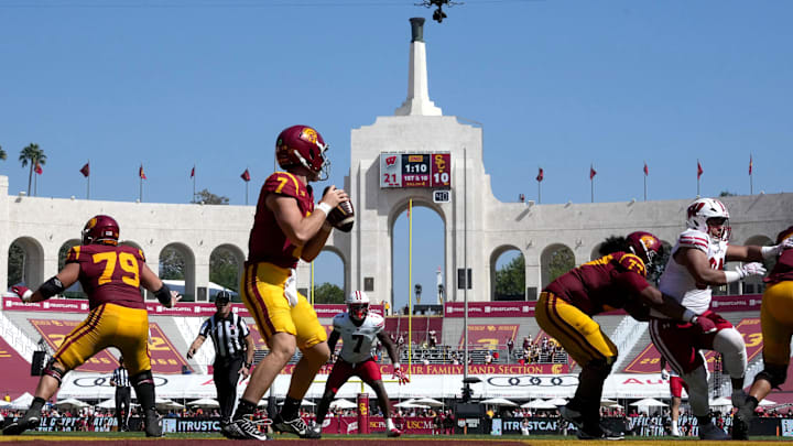 Sep 28, 2024; Los Angeles, California, USA; A general overall view as Southern California Trojans quarterback Miller Moss (7) throws the ball against the Wisconsin Badgers in the first half at United Airlines Field at Los Angeles Memorial Coliseum.