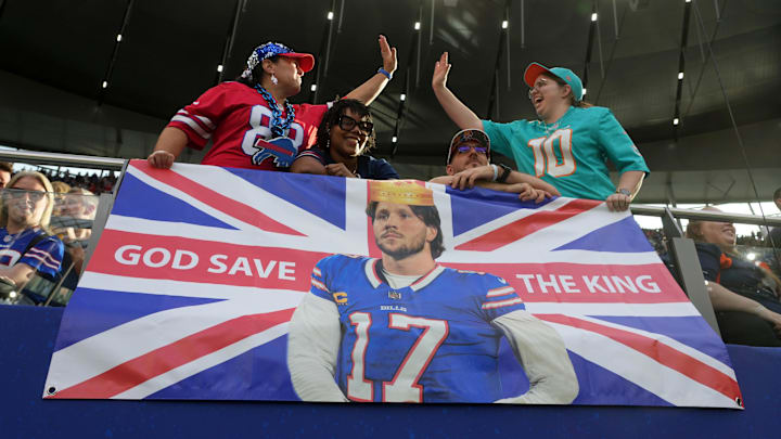 Oct 8, 2023; London United Kingdom; An image of Buffalo Bills quarterback Josh Allen (17) on a British Flag during an NFL International Series game at Tottenham Hotspur Stadium. Mandatory Credit: Kirby Lee-Imagn Images