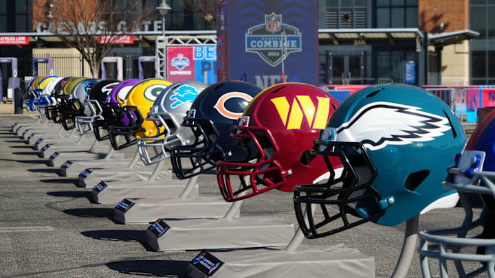 Feb 28, 2024; Indianapolis, IN, USA; A general view of large Philadelphia Eagles, Washington Commanders and Chicago Bears helmets at the NFL Scouting Combine Experience at Lucas Oil Stadium. Mandatory Credit: Kirby Lee-Imagn Images