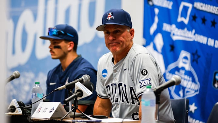 Jun 8, 2025; Chapel Hill, NC, USA;  Arizona head coach Chip Hale and  infielder Garen Caulfield (1) interview with the media after a Super Regionals game against North Carolina in Chapel Hill, North Carolina. Mandatory Credit: Jaylynn Nash-Imagn Images