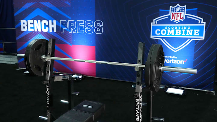 Mar 1, 2022; Indianapolis, IN, USA; The Bench Press station at the NFL Combine at the Indiana