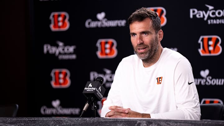 Bengals quarterback Joe Flacco speaks to the media during a press conference in Cincinnati on Oct. 10, 2025. Bengals quarterback Joe Flacco speaks to the media during a press conference in Cincinnati on Oct. 10, 2025.