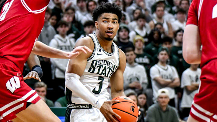 Michigan State's Jaden Akins moves the ball against Wisconsin during the second half on Sunday, March 2, 2025, at the Breslin Center in East Lansing.