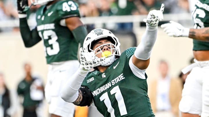 Michigan State's Anelu Lafaele celebrates after forcing a fumble against Western Michigan during the first quarter on Friday, Aug. 29, 2025, in East Lansing.