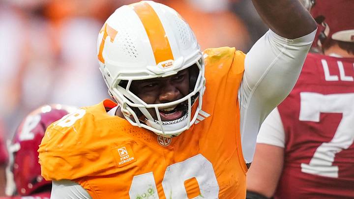Tennessee defensive lineman Tyree Weathersby (18) celebrates a tackle during a football game between Tennessee and Alabama at Neyland Stadium in Knoxville, Tenn., on Oct. 17, 2026.