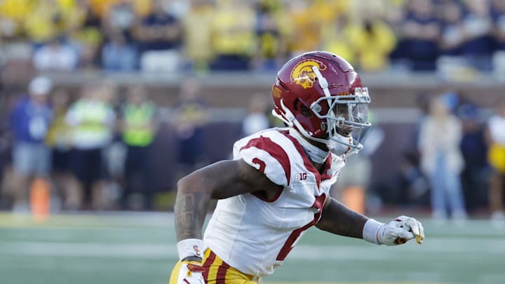 Sep 21, 2024; Ann Arbor, Michigan, USA;  USC Trojans cornerback Jaylin Smith (2) pursues a play on defense against the Michigan Wolverines at Michigan Stadium. Mandatory Credit: Rick Osentoski-Imagn Images