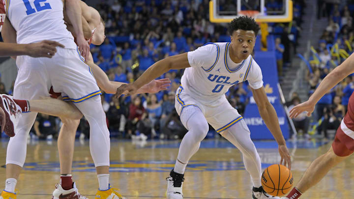 Feb 16, 2023; Los Angeles, California, USA; UCLA Bruins guard Jaylen Clark (0) drives to the basket in the second half against the Stanford Cardinal at Pauley Pavilion presented by Wescom. Mandatory Credit: Jayne Kamin-Oncea-Imagn Images Feb 16, 2023; Los Angeles, California, USA; UCLA Bruins guard Jaylen Clark (0) drives to the basket in the second half against the Stanford Cardinal at Pauley Pavilion presented by Wescom. Mandatory Credit: Jayne Kamin-Oncea-Imagn Images
