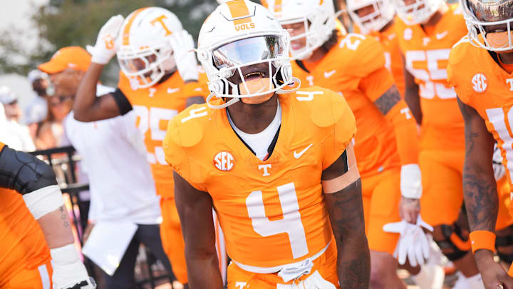 Tennessee wide receiver Mike Matthews (4) cheers before a college football game between Tennessee and Mississippi State at Davis Wade Stadium in Starkville, Miss., on Sept. 27, 2025.