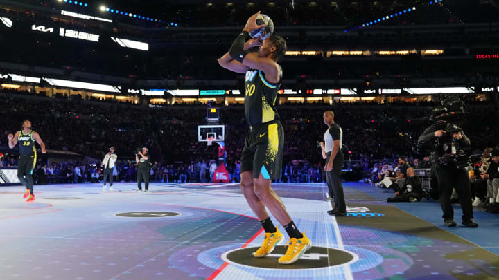 Feb 17, 2024; Indianapolis, IN, USA; Indiana Pacers guard Bennedict Mathurin (00) shoots the ball during NBA All Star Saturday Night at Lucas Oil Stadium. Mandatory Credit: Kyle Terada-USA TODAY Sports