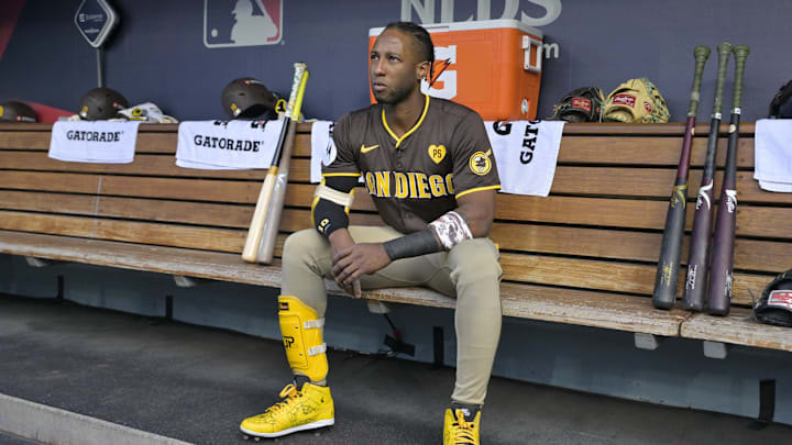 Oct 11, 2024; Los Angeles, California, USA; San Diego Padres outfielder Jurickson Profar (10) looks on before game five against the Los Angeles Dodgers in the NLDS for the 2024 MLB Playoffs at Dodger Stadium. Mandatory Credit: Jayne Kamin-Oncea-Imagn Images Oct 11, 2024; Los Angeles, California, USA; San Diego Padres outfielder Jurickson Profar (10) looks on before game five against the Los Angeles Dodgers in the NLDS for the 2024 MLB Playoffs at Dodger Stadium. Mandatory Credit: Jayne Kamin-Oncea-Imagn Images