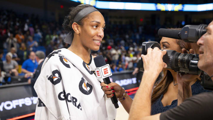 Las Vegas forward A'ja Wilson is interviewed after the Aces' victory over the Dallas Wings during the 2023 WNBA playoffs.