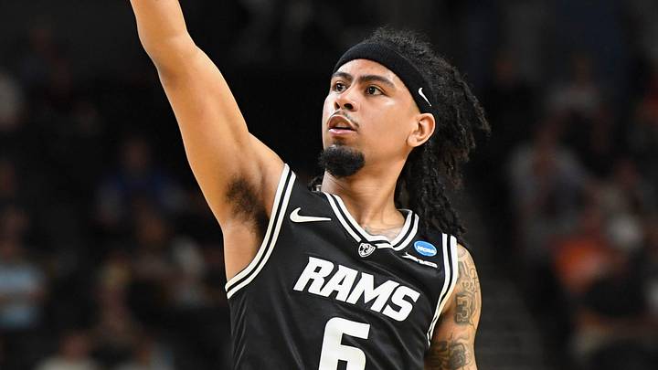 VCU Rams guard Terrence Hill Jr. (6) reacts after scoring Saturday, March 21, 2026, during the NCAA Men’s Basketball Tournament second round game against the Illinois Fighting Illini at Bon Secours Wellness Arena in Greenville, South Carolina.