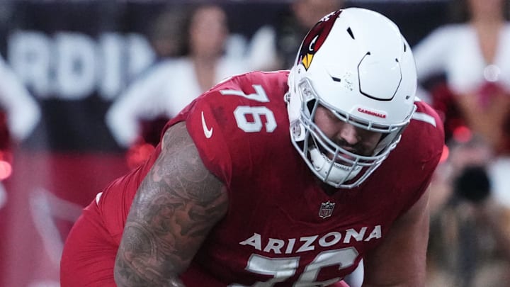 Aug 11, 2023; Glendale, Arizona, USA; Arizona Cardinals guard Will Hernandez (76) against the Denver Broncos during the second half at State Farm Stadium. Mandatory Credit: Joe Camporeale-Imagn Images Aug 11, 2023; Glendale, Arizona, USA; Arizona Cardinals guard Will Hernandez (76) against the Denver Broncos during the second half at State Farm Stadium. Mandatory Credit: Joe Camporeale-Imagn Images