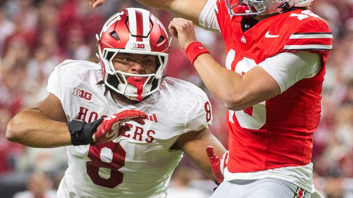 Indiana's Stephen Daley (8) pressures Ohio State's Julian Sayin (10) during the Indiana versus Ohio State Big Ten Championship football game at Lucas Oil Stadium on Saturday, Dec. 6, 2025. Indiana's Stephen Daley (8) pressures Ohio State's Julian Sayin (10) during the Indiana versus Ohio State Big Ten Championship football game at Lucas Oil Stadium on Saturday, Dec. 6, 2025.