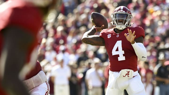 Nov 18, 2023; Tuscaloosa, Alabama, USA;  Alabama Crimson Tide quarterback Jalen Milroe (4) throws