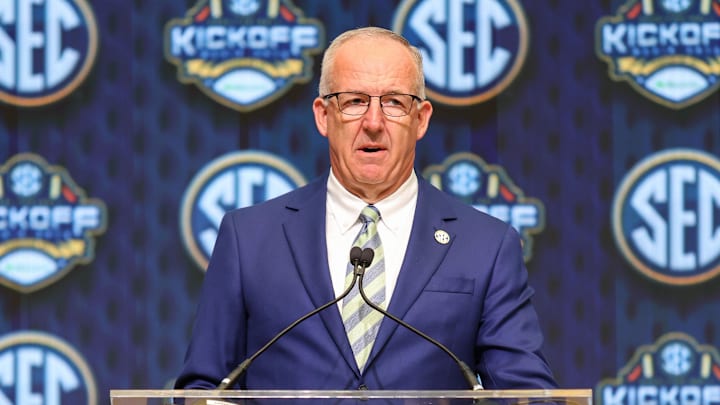 Jul 16, 2025; Atlanta, GA, USA; SEC commissioner Greg Sankey speaks to the media during the SEC Media Day at Omni Atlanta Hotel. Mandatory Credit: Jordan Godfree-Imagn Images Jul 16, 2025; Atlanta, GA, USA; SEC commissioner Greg Sankey speaks to the media during the SEC Media Day at Omni Atlanta Hotel. Mandatory Credit: Jordan Godfree-Imagn Images