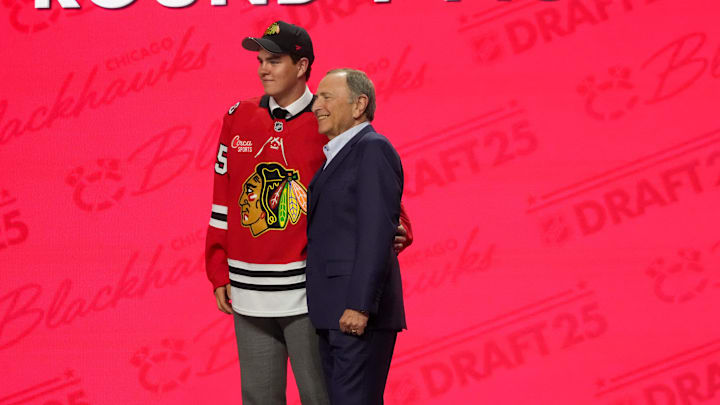 Jun 27, 2025; Los Angeles, California, USA; Anton Frondell is selected as the third overall pick to the Chicago Blackhawks in the first round of the 2025 NHL Draft at Peacock Theater. Mandatory Credit: Kirby Lee-Imagn Images