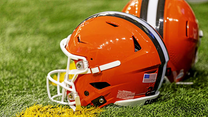 Sep 28, 2025; Detroit, Michigan, USA; A general view of the Cleveland Browns helmets on the field before the game against the Detroit Lions at Ford Field. Mandatory Credit: David Reginek-Imagn Images