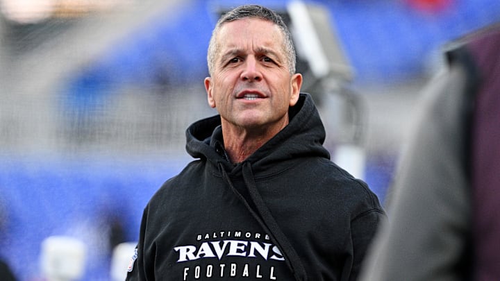 Jan 4, 2025; Baltimore, Maryland, USA; Baltimore Ravens head coach John Harbaugh looks on during warm ups before the game against the Cleveland Browns at M&T Bank Stadium. Mandatory Credit: Tommy Gilligan-Imagn Images