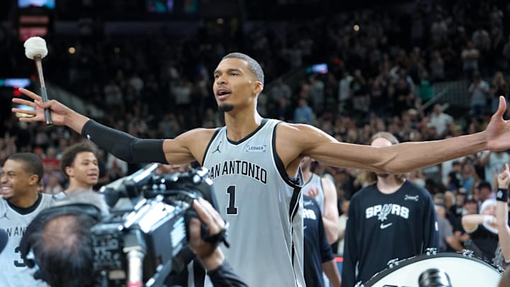 Mar 19, 2026; San Antonio, Texas, USA; San Antonio Spurs forward Victor Wembanyama (1) celebrates after the game against the Phoenix Suns at Frost Bank Center. Mandatory Credit: Daniel Dunn-Imagn Images Mar 19, 2026; San Antonio, Texas, USA; San Antonio Spurs forward Victor Wembanyama (1) celebrates after the game against the Phoenix Suns at Frost Bank Center. Mandatory Credit: Daniel Dunn-Imagn Images