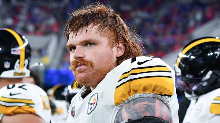 Aug 27, 2026; Orchard Park, New York, USA; Pittsburgh Steelers offensive lineman Gennings Dunker (73) on the sidelines in the fourth quarter preseason game against the Buffalo Bills at New Highmark Stadium. Mandatory Credit: Mark Konezny-Imagn Images