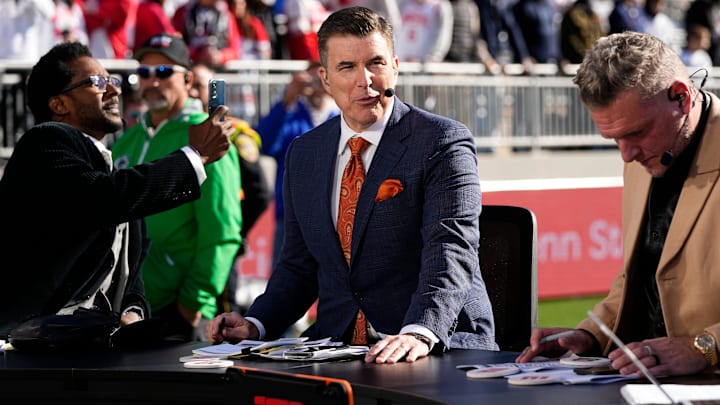 Rece Davis prepares to broadcast from the field on the ESPN College Gameday set prior to the NCAA football game between the Penn State Nittany Lions and the Ohio State Buckeyes at Beaver Stadium in University Park, Pa. on Saturday, Nov. 2, 2024.