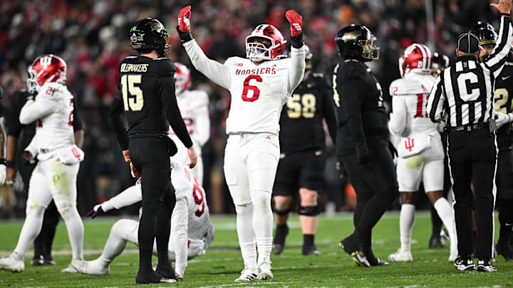 Nov 28, 2025; West Lafayette, Indiana, USA;  Indiana Hoosiers defensive lineman Mikail Kamara (6) celebrates a defensive stop during the first quarter against the Purdue Boilermakers at Ross-Ade Stadium. Mandatory Credit: Marc Lebryk-Imagn Images