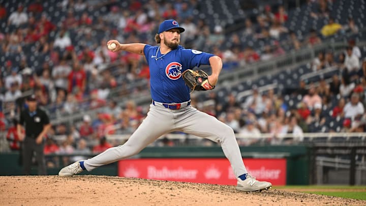 Aug 31, 2024; Washington, District of Columbia, USA; Chicago Cubs relief pitcher Porter Hodge (37) throws against the Washington Nationals during the ninth inning at Nationals Park. Aug 31, 2024; Washington, District of Columbia, USA; Chicago Cubs relief pitcher Porter Hodge (37) throws against the Washington Nationals during the ninth inning at Nationals Park.