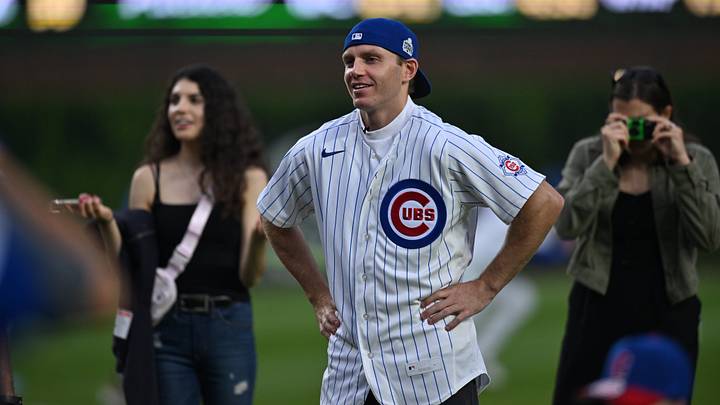 Aug 18, 2026; Chicago, Illinois, USA; Chicago Blackhawks player Patrick Kane prepares to throw out a ceremonial first pitch prior to a game between the Chicago Cubs and the Chicago White Sox at Wrigley Field. Mandatory Credit: Patrick Gorski-Imagn Images
