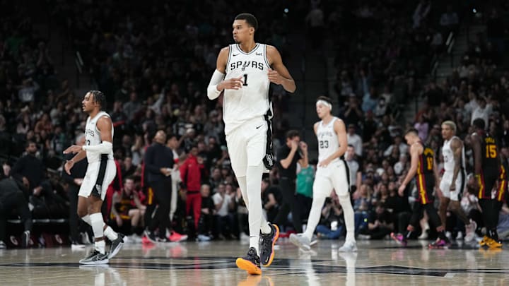 Nov 30, 2023; San Antonio, Texas, USA;  San Antonio Spurs center Victor Wembanyama (1) walks off the