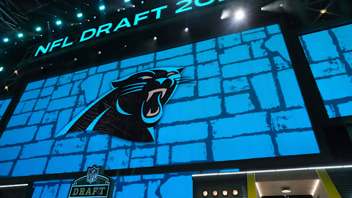 Apr 24, 2025; Green Bay, WI, USA; The Carolina Panthers logo is projected on the video board during the NFL Draft at Lambeau Field. Mandatory Credit: Kirby Lee-Imagn Images