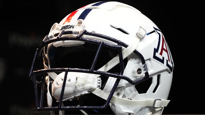 Jul 29, 2022; Los Angeles, CA, USA; An Arizona Wildcats helmet on display during Pac-12 Media Day at Novo Theater. Mandatory Credit: Kirby Lee-Imagn Images