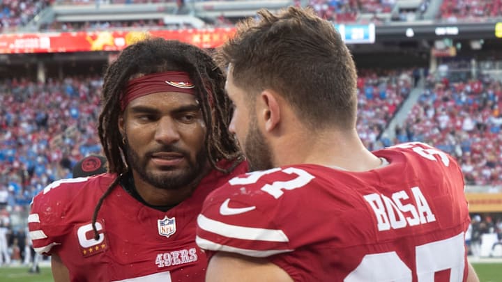 San Francisco 49ers linebacker Fred Warner (L) and defensive end Nick Bosa (R)
