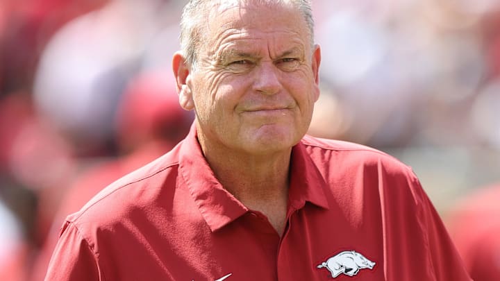 Aug 30, 2025; Fayetteville, Arkansas, USA; Arkansas Razorbacks head coach coach Sam Pittman prior to the game against the Alabama A&M Bulldogs at Donald W. Reynolds Razorback Stadium. Mandatory Credit: Nelson Chenault-Imagn Images