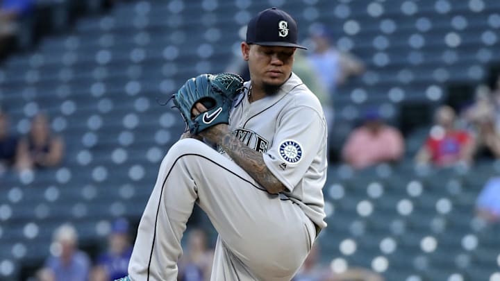 Seattle Mariners starting pitcher Felix Hernandez throws during a game against the Texas Rangers on Aug. 19, 2019, at Globe Life Field.