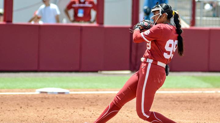 Oklahoma pitcher Miali Guachino pitches against Mississippi State in Game 3 of the Norman Super Regional.